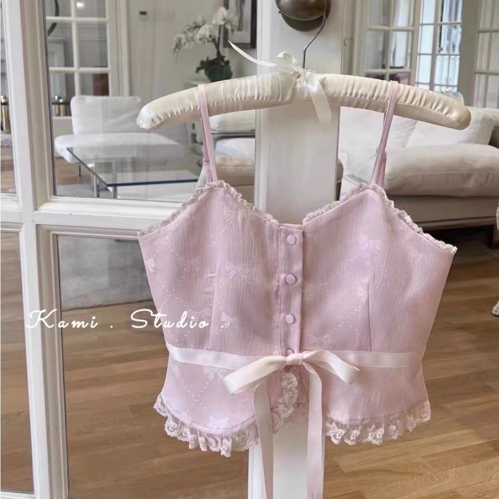 Japanese Kawaii Pastel Pink Ribbon Bow Embroidered Cottage Y2K Lace Tank Top